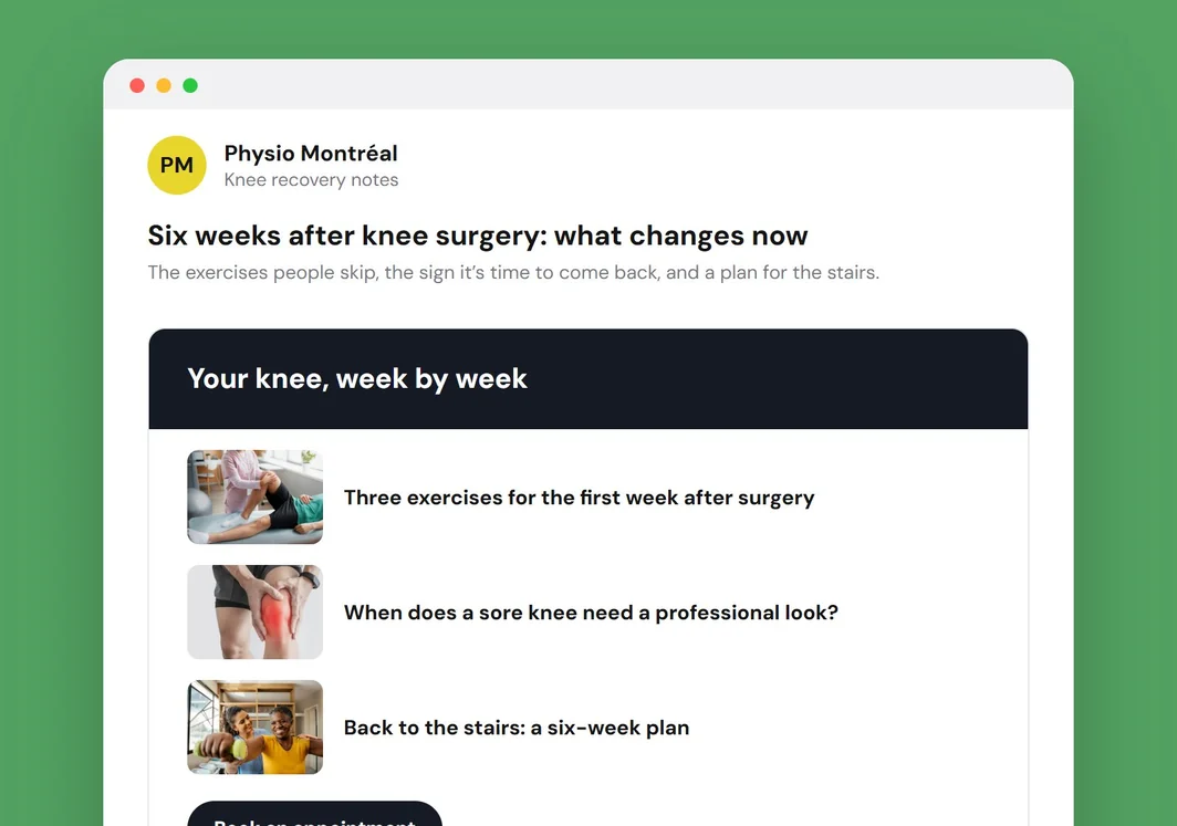 Exemple de numéro d’infolettre pour une clinique de physiothérapie, « Votre genou, semaine après semaine ».