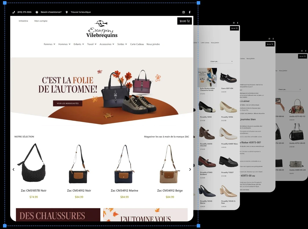 Pages de la boutique en ligne d’Escarpins et Vilebrequins : la page d’accueil de l’automne 2026, les chaussures pour femmes, une page produit et les accessoires.