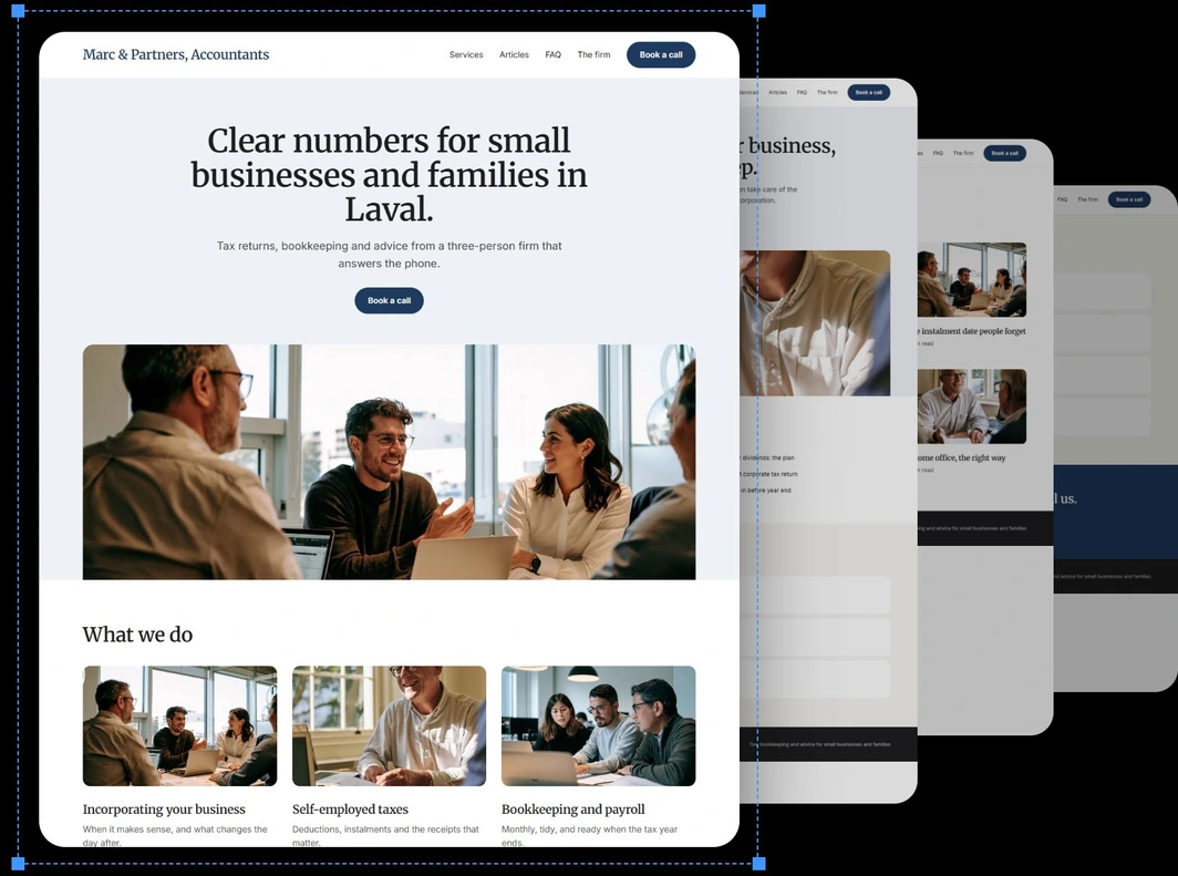 Exemple de site Web pour Marc & Partners, un cabinet comptable.