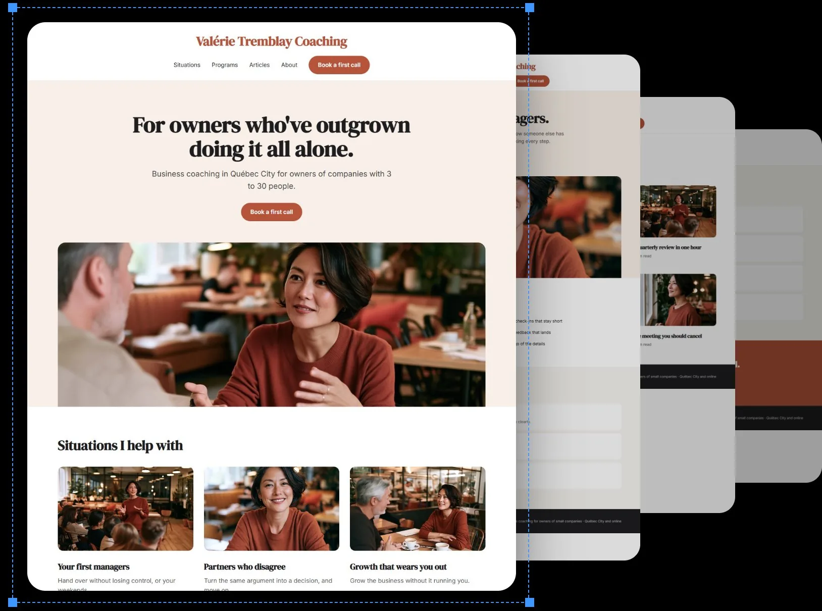Exemple de site Web pour Valérie Tremblay Coaching, une pratique de coaching d’affaires.