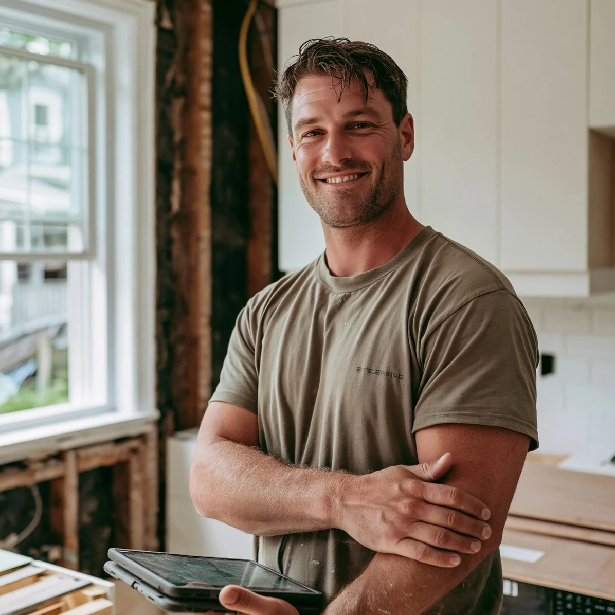 Un entrepreneur en rénovation dans une cuisine en chantier.
