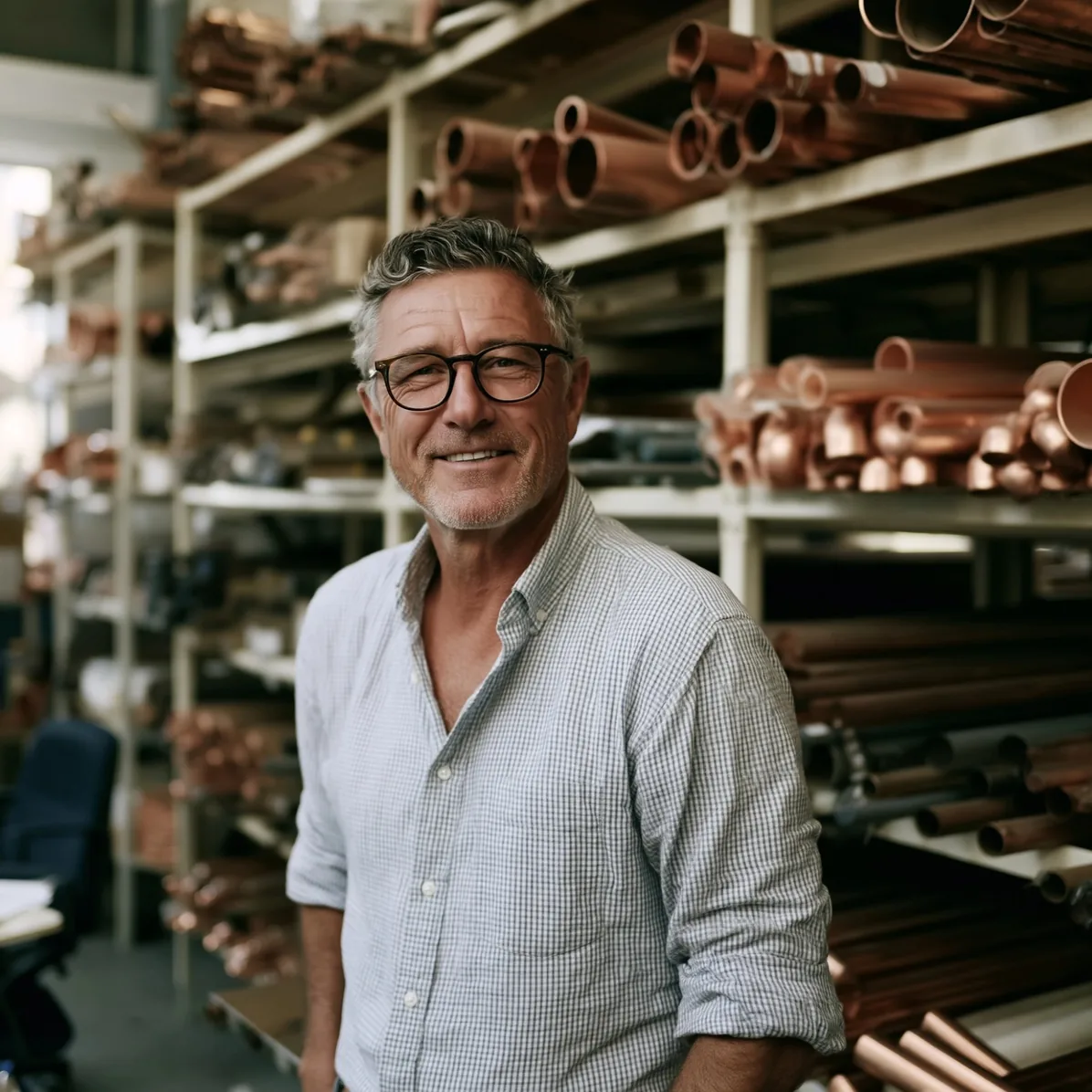 Un propriétaire d’entreprise dans la soixantaine, dans l’atelier de son entreprise.