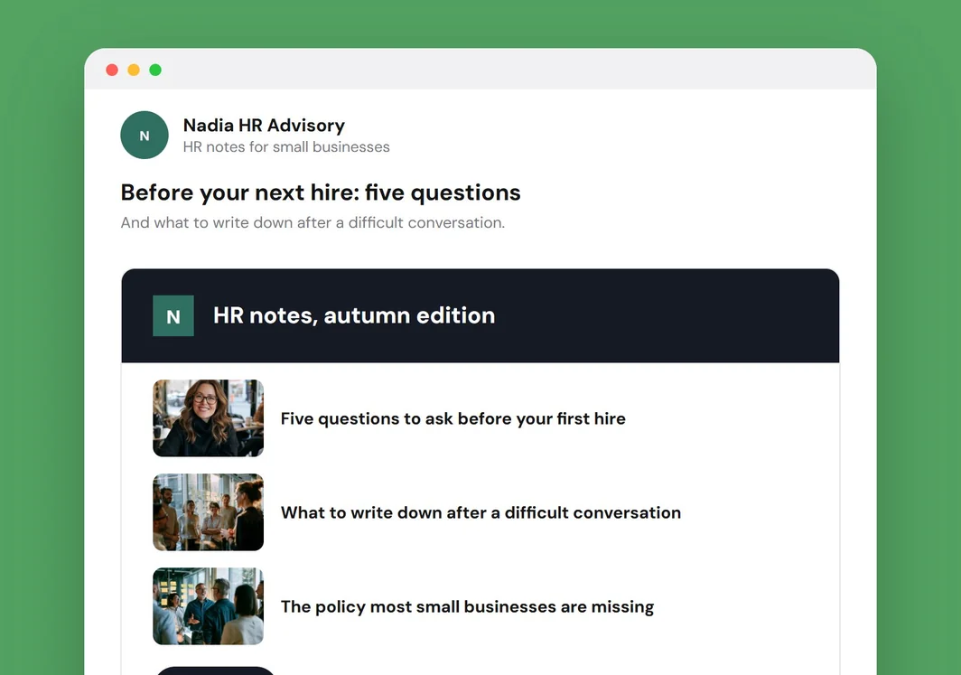 Example newsletter issue for Nadia HR Advisory.