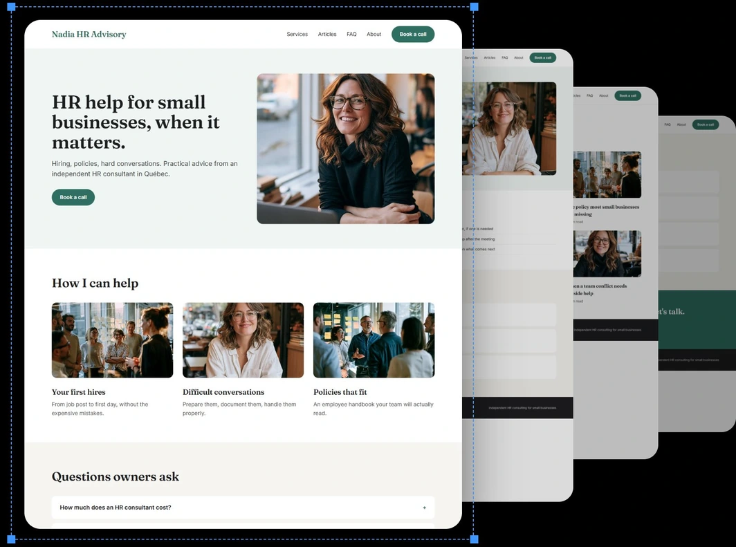 Example website for Nadia HR Advisory, an HR practice.