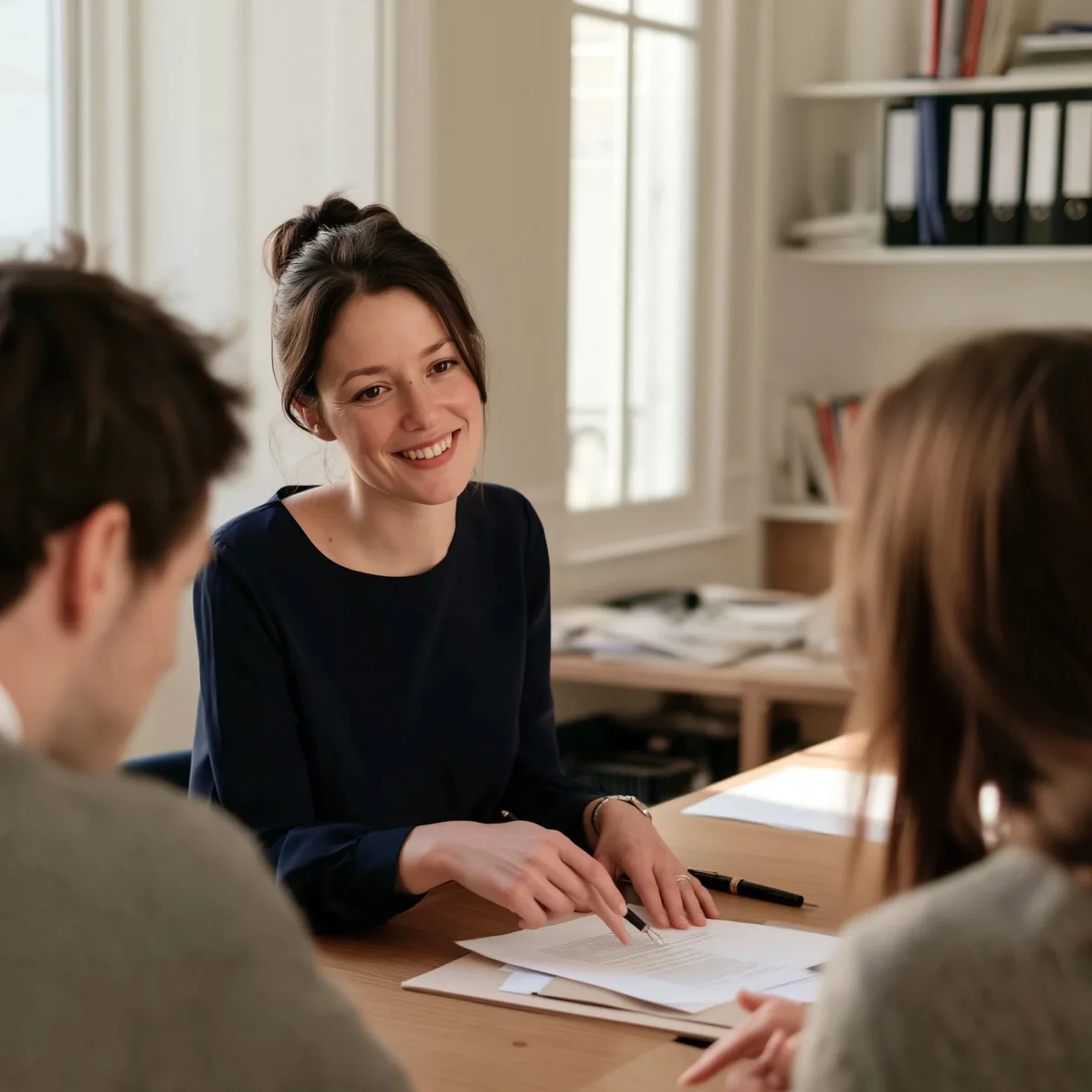 Une notaire qui explique un document à un client, dans son bureau.