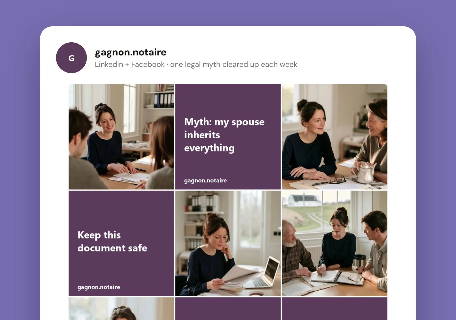 Exemple de grille Instagram pour Geneviève Gagnon, notaire.