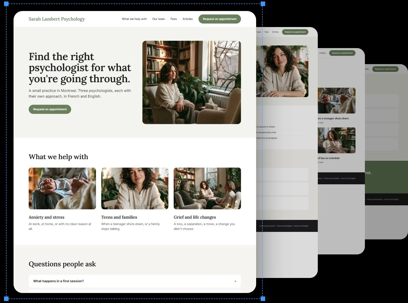Exemple de site Web pour Sarah Lambert Psychologie, une clinique de psychologie.